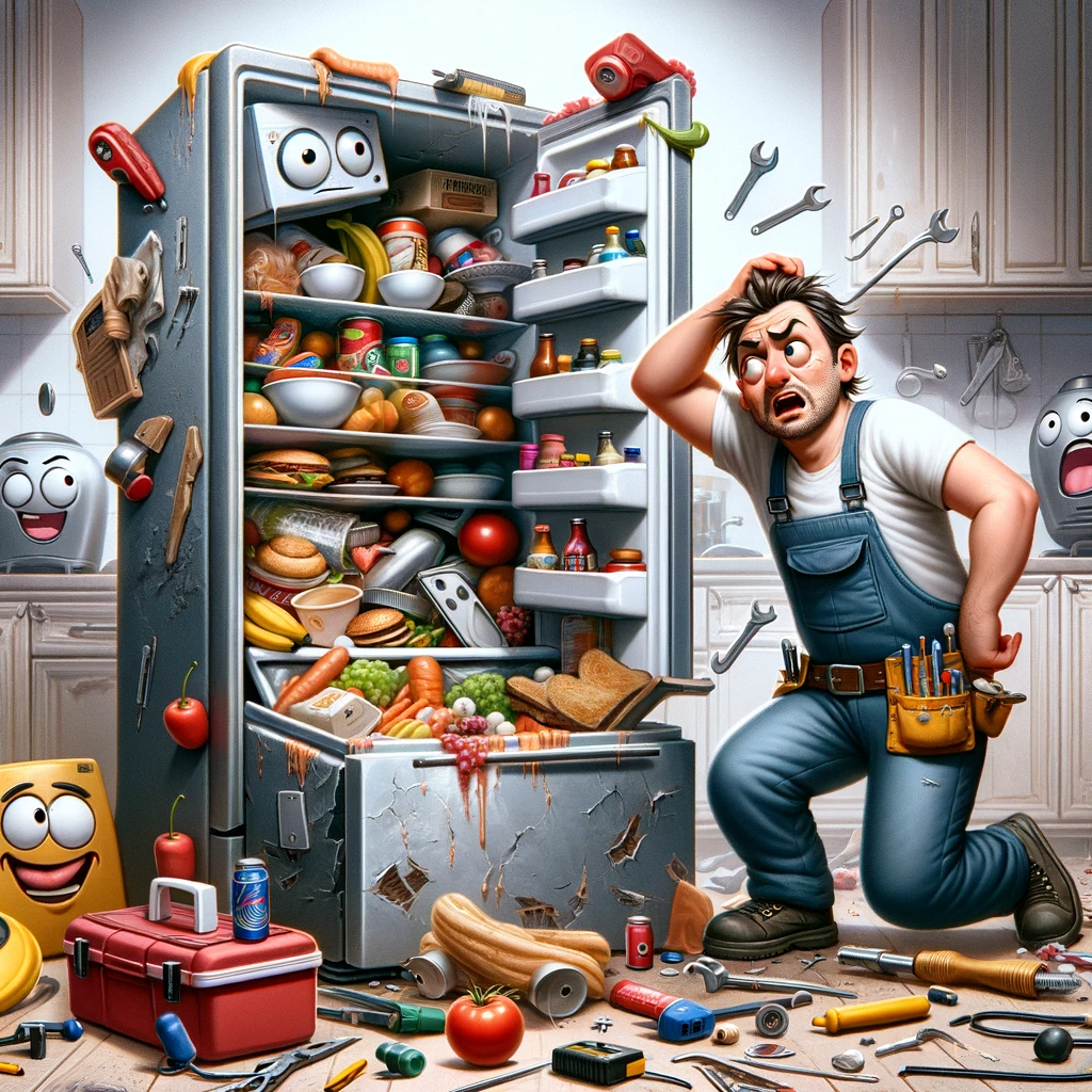 Broken Refrigerator Being Fixed - Funny Image